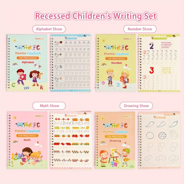 Magic Handwriting Practice Books for Kids – 4-Pack Reusable Calligraphy Copybooks with 3D Grooves – Includes Pen, 8 Refills & Grip – Traceable Alphabet, Numbers, Math & Drawing – Educational Gift for Ages 3-6 - Image 9