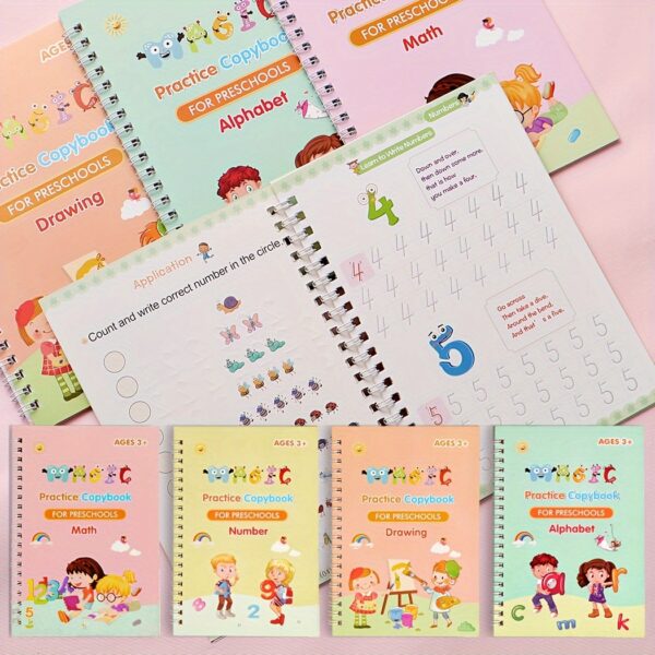 Magic Handwriting Practice Books for Kids – 4-Pack Reusable Calligraphy Copybooks with 3D Grooves – Includes Pen, 8 Refills & Grip – Traceable Alphabet, Numbers, Math & Drawing – Educational Gift for Ages 3-6 - Image 3