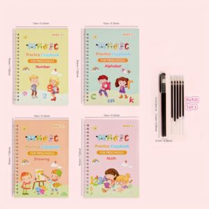 Magic Handwriting Practice Books for Kids – 4-Pack Reusable Calligraphy Copybooks with 3D Grooves – Includes Pen, 8 Refills & Grip – Traceable Alphabet, Numbers, Math & Drawing – Educational Gift for Ages 3-6