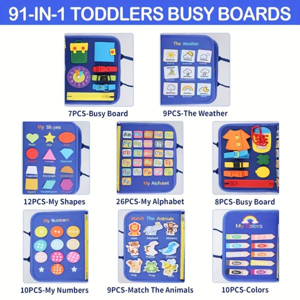 10-Page Blue Busy Board for Toddlers – Sensory Activity Book for Travel, Fine Motor Skill Development – Montessori Felt Toy for Airplane, Car, and On-the-Go Play – Educational, Portable, Child-Safe Design - Image 3