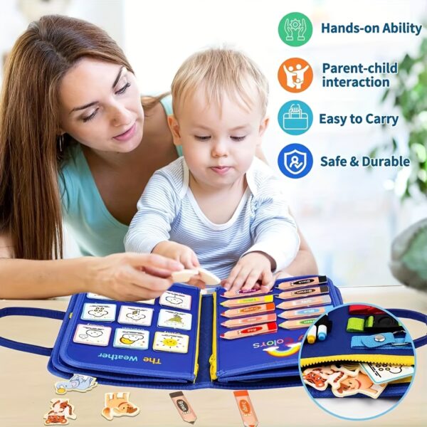 10-Page Blue Busy Board for Toddlers – Sensory Activity Book for Travel, Fine Motor Skill Development – Montessori Felt Toy for Airplane, Car, and On-the-Go Play – Educational, Portable, Child-Safe Design - Image 4