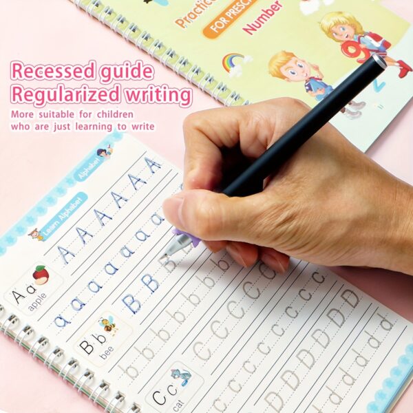 Magic Handwriting Practice Books for Kids – 4-Pack Reusable Calligraphy Copybooks with 3D Grooves – Includes Pen, 8 Refills & Grip – Traceable Alphabet, Numbers, Math & Drawing – Educational Gift for Ages 3-6 - Image 2