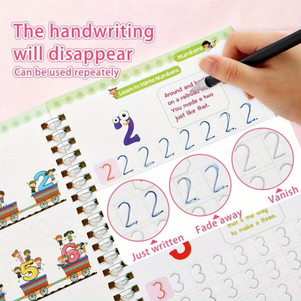 Magic Handwriting Practice Books for Kids – 4-Pack Reusable Calligraphy Copybooks with 3D Grooves – Includes Pen, 8 Refills & Grip – Traceable Alphabet, Numbers, Math & Drawing – Educational Gift for Ages 3-6 - Image 7