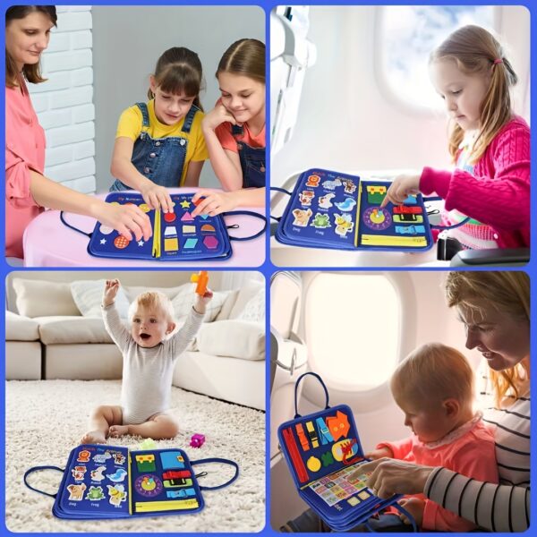 10-Page Blue Busy Board for Toddlers – Sensory Activity Book for Travel, Fine Motor Skill Development – Montessori Felt Toy for Airplane, Car, and On-the-Go Play – Educational, Portable, Child-Safe Design - Image 6
