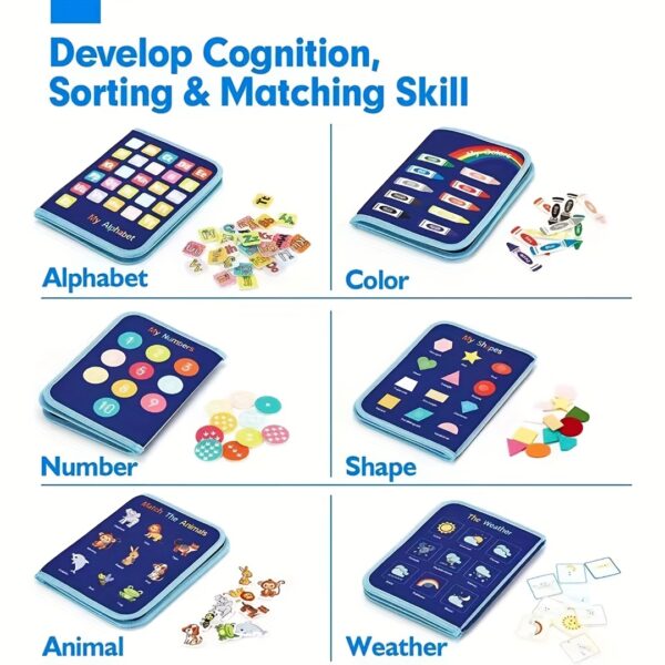 10-Page Blue Busy Board for Toddlers – Sensory Activity Book for Travel, Fine Motor Skill Development – Montessori Felt Toy for Airplane, Car, and On-the-Go Play – Educational, Portable, Child-Safe Design - Image 7