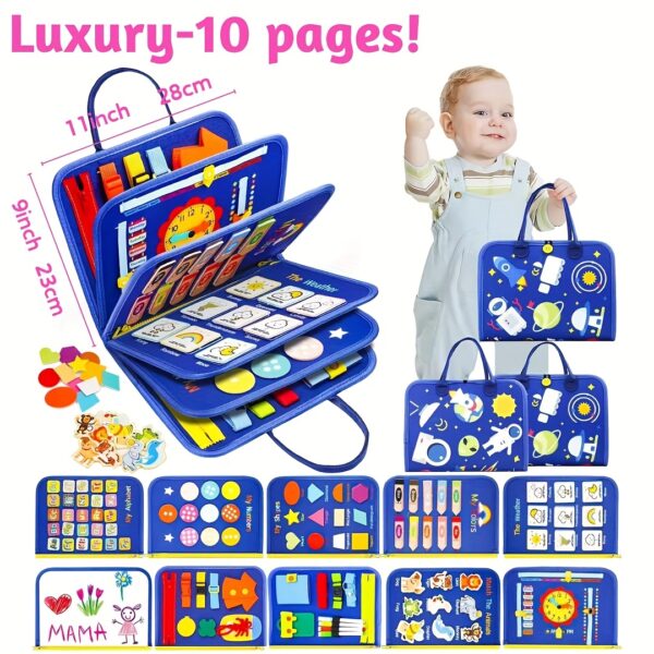 10-Page Blue Busy Board for Toddlers – Sensory Activity Book for Travel, Fine Motor Skill Development – Montessori Felt Toy for Airplane, Car, and On-the-Go Play – Educational, Portable, Child-Safe Design - Image 11
