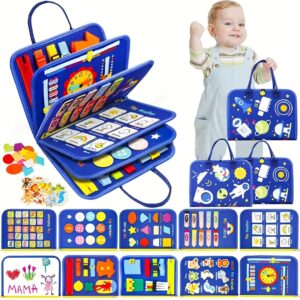 10-Page Blue Busy Board for Toddlers – Sensory Activity Book for Travel, Fine Motor Skill Development – Montessori Felt Toy for Airplane, Car, and On-the-Go Play – Educational, Portable, Child-Safe Design